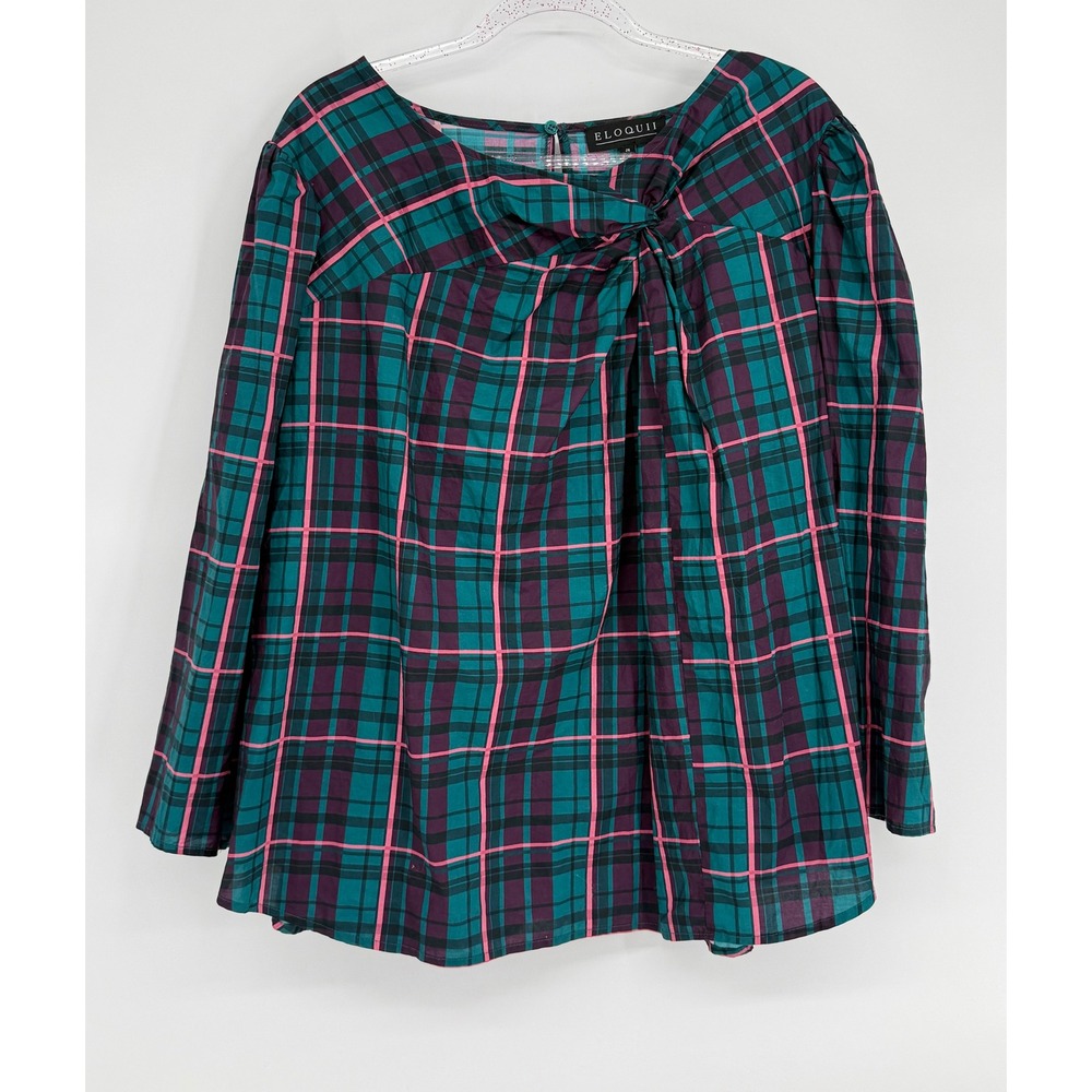 Eloquii Teal Pink Plaid Twist Front Blouse Top Womens Plus Long Sleeve Sz 26